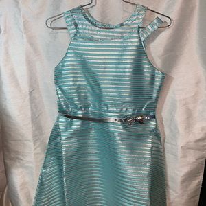 Dress. Seafrost & Silver Stripes. XL. XS Belt. Bow